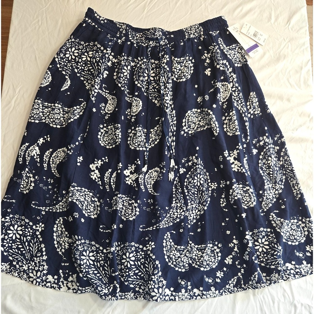 Navy Blue and White Paisley Midi Skirt